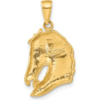 14K Yellow Gold Solid Polished Open-Backed Horse Head Pendant - Textured Design by Oro Pregiato