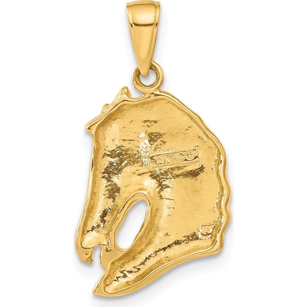 14K Yellow Gold Solid Polished Open-Backed Horse Head Pendant - Textured Design by Oro Pregiato