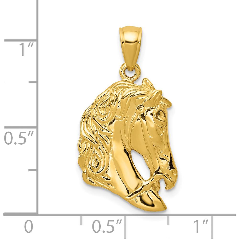 14K Yellow Gold Solid Polished Open-Backed Horse Head Pendant - Textured Design by Oro Pregiato