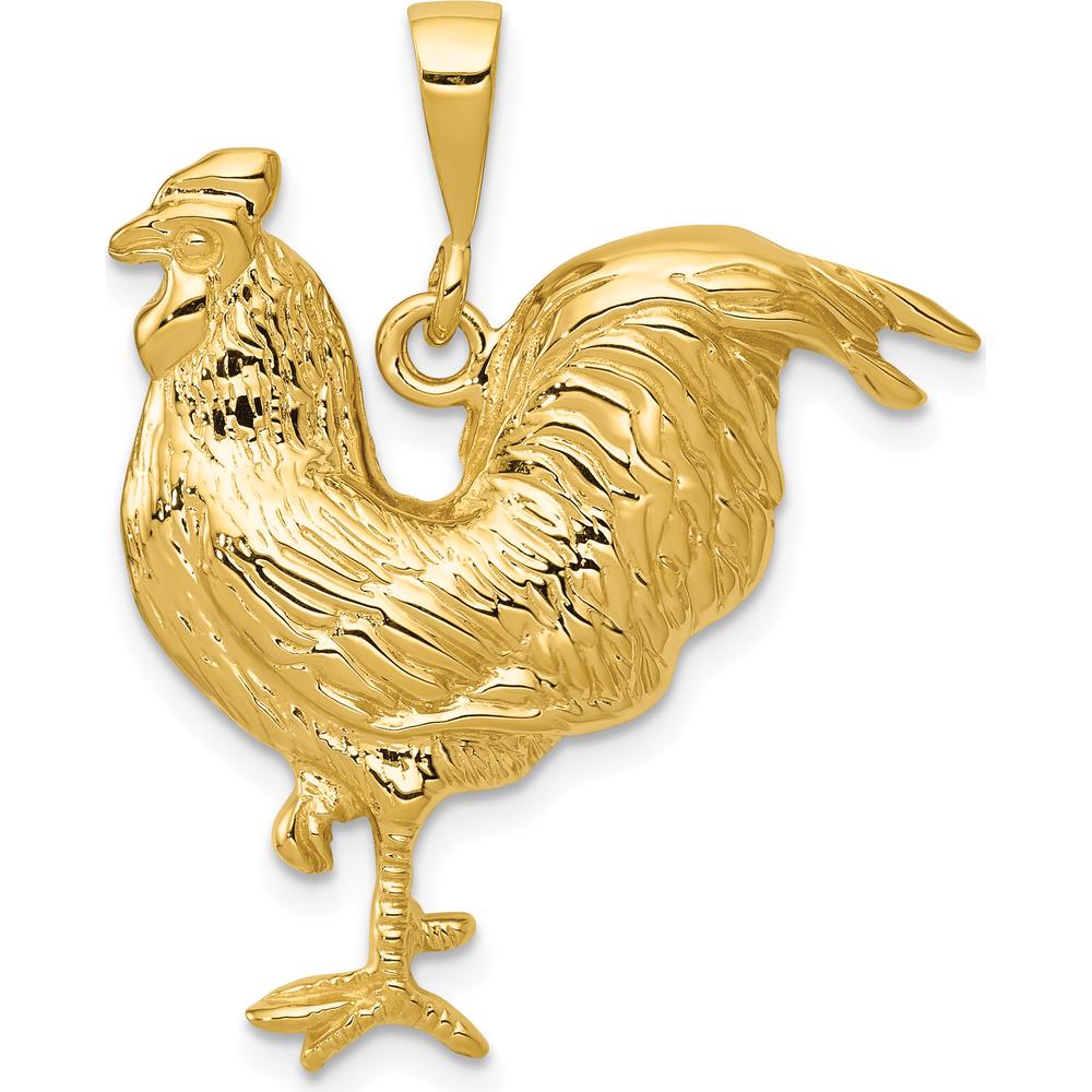 14K Yellow Gold Solid Polished Open-Backed Rooster Pendant - 32mm Length by Oro Pregiato