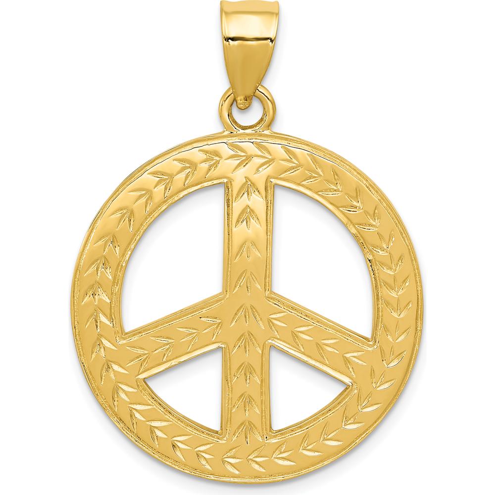 14K Yellow Gold Solid Polished Peace Sign Pendant - 40mm Length by Oro Pregiato