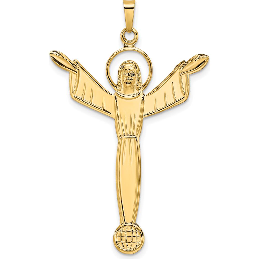 14K Yellow Gold Solid Risen Christ Pendant with Polished Textured Finish - 41mm Length by Oro Pregiato