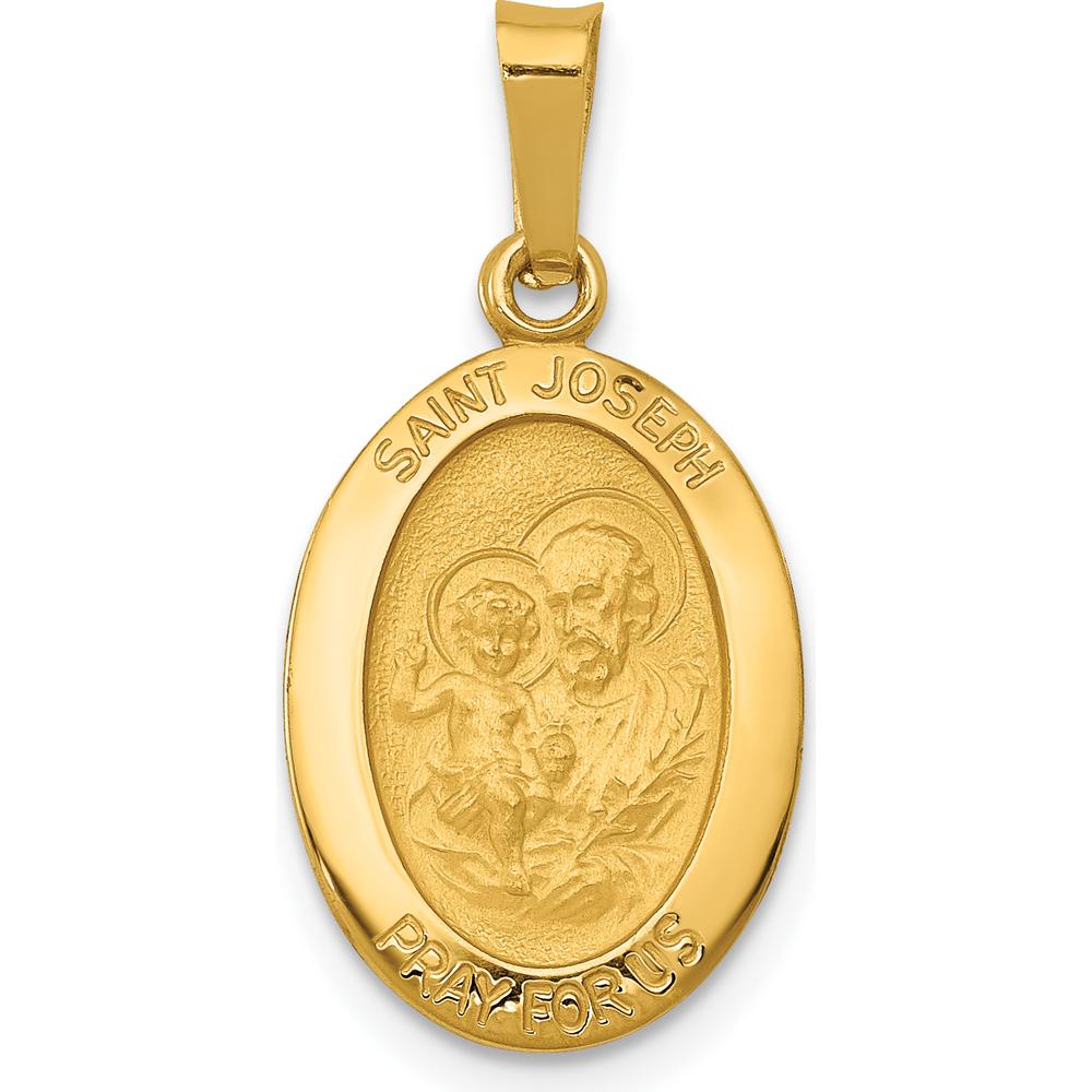 14K Yellow Gold Solid Saint Joseph Oval Charm Pendant with Polished and Satin Finish by Oro Pregiato