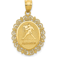 14K Yellow Gold Solid Satin Polished Aquarius Zodiac Oval Pendant - Textured and Detailed Design by Oro Pregiato