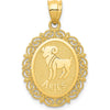 14K Yellow Gold Solid Satin Polished Aries Zodiac Oval Pendant with Textured Detail and Satin Back by Oro Pregiato
