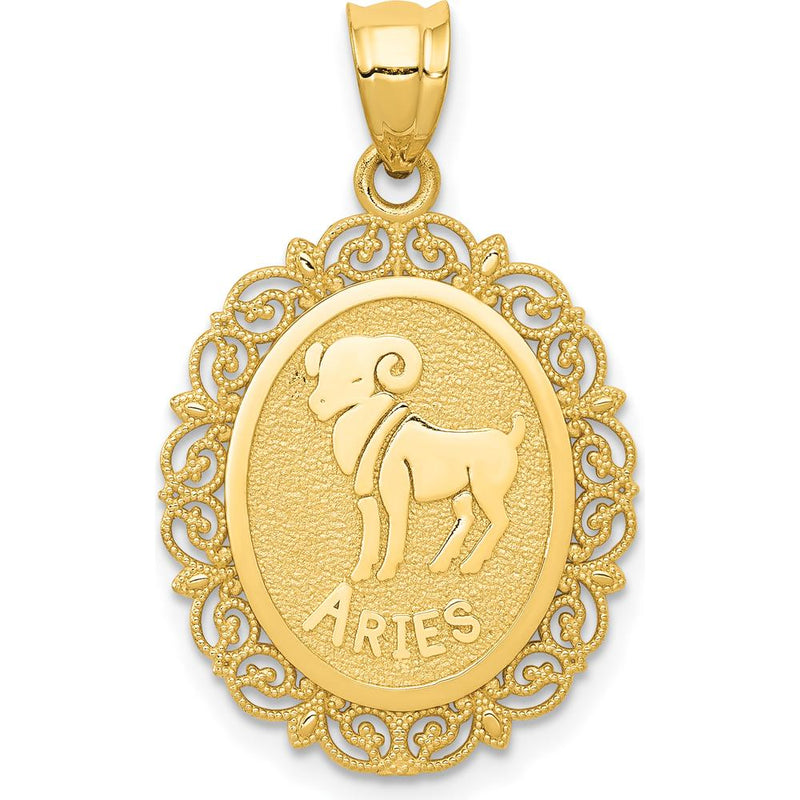14K Yellow Gold Solid Satin Polished Aries Zodiac Oval Pendant with Textured Detail and Satin Back by Oro Pregiato