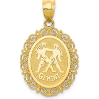 14K Yellow Gold Solid Satin Polished Gemini Zodiac Oval Pendant with Textured Finish by Oro Pregiato
