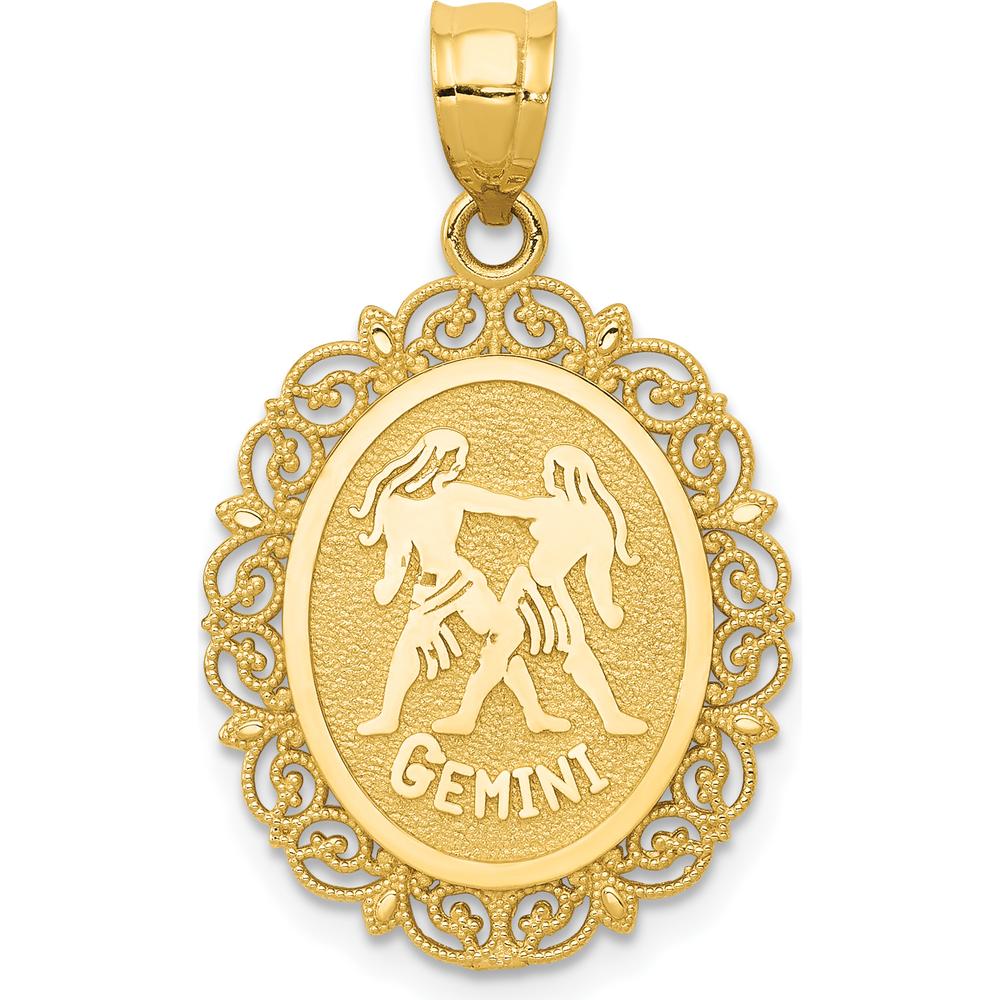 14K Yellow Gold Solid Satin Polished Gemini Zodiac Oval Pendant with Textured Finish by Oro Pregiato