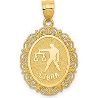 14K Yellow Gold Solid Satin Polished Libra Zodiac Oval Pendant with Filigree Detailing by Oro Pregiato