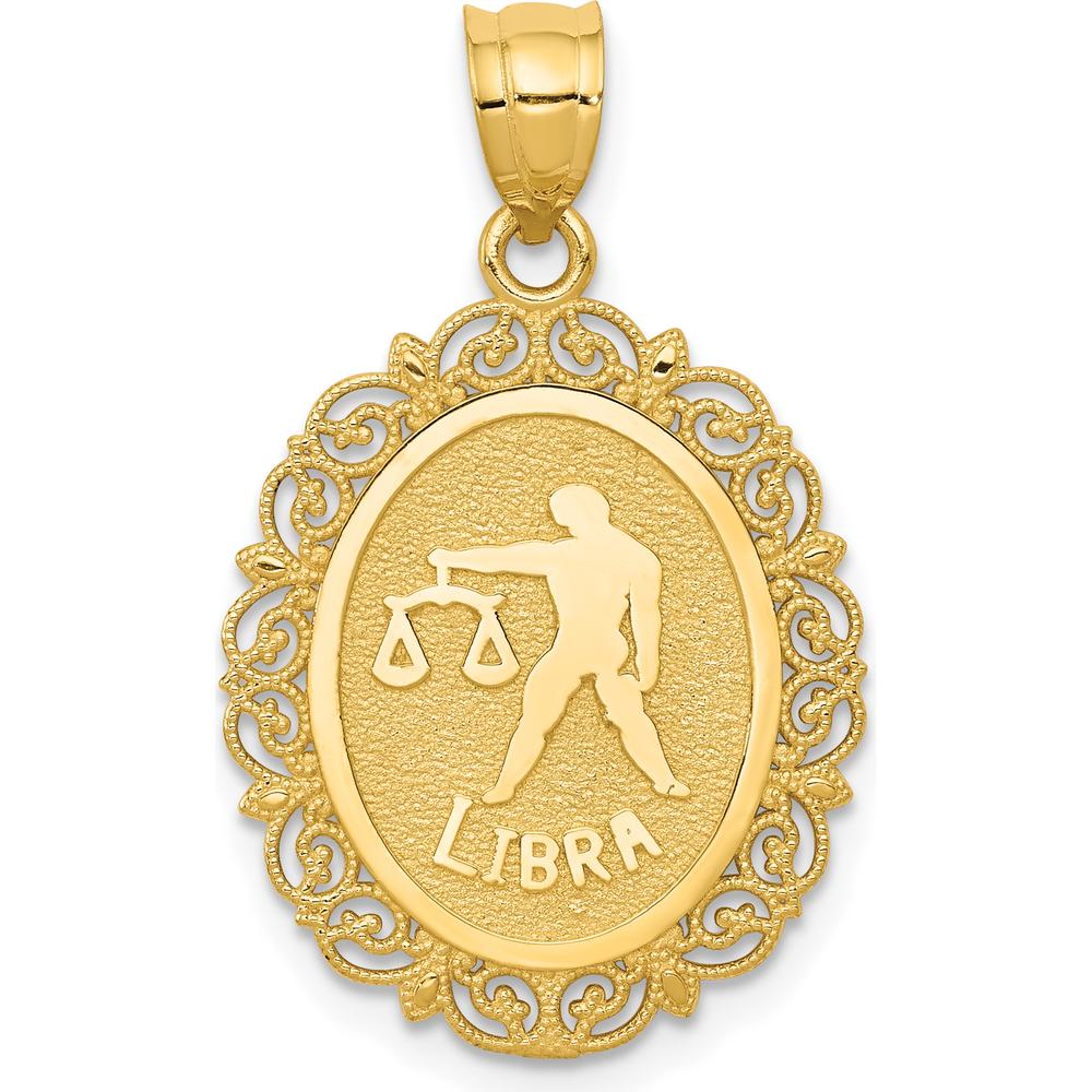14K Yellow Gold Solid Satin Polished Libra Zodiac Oval Pendant with Filigree Detailing by Oro Pregiato
