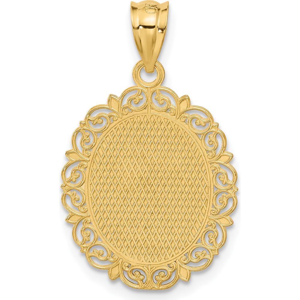 14K Yellow Gold Solid Satin Polished Libra Zodiac Oval Pendant with Filigree Detailing by Oro Pregiato