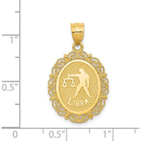 14K Yellow Gold Solid Satin Polished Libra Zodiac Oval Pendant with Filigree Detailing by Oro Pregiato