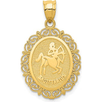 14K Yellow Gold Solid Satin Polished Sagittarius Zodiac Oval Pendant - Celestial Design with Textured Finish by Oro Pregiato