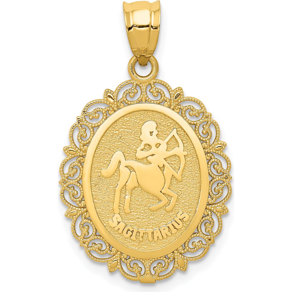 14K Yellow Gold Solid Satin Polished Sagittarius Zodiac Oval Pendant - Celestial Design with Textured Finish by Oro Pregiato