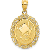 14K Yellow Gold Solid Satin Polished Taurus Zodiac Oval Pendant by Oro Pregiato