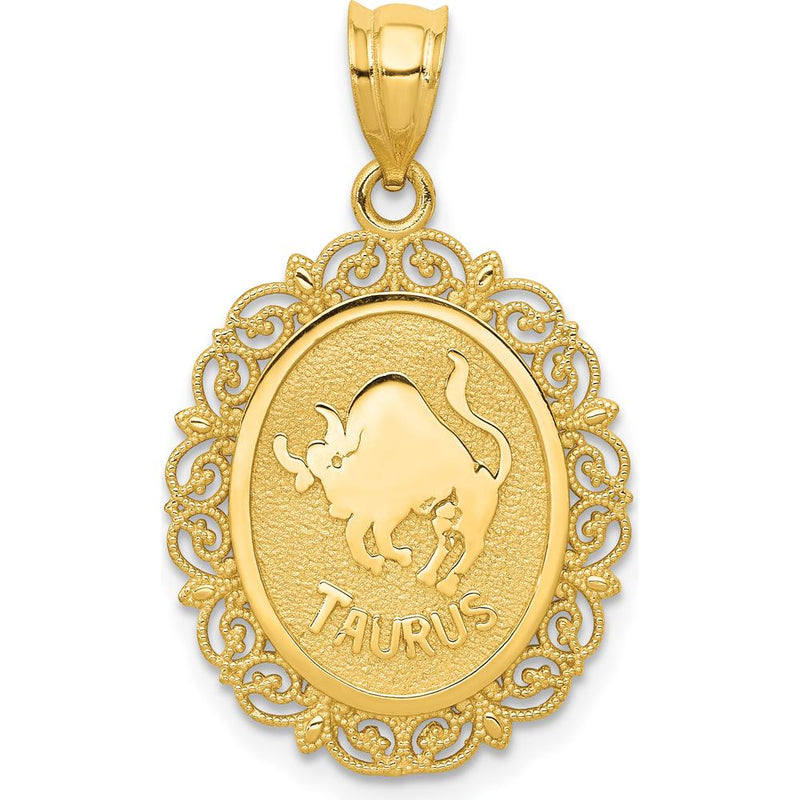 14K Yellow Gold Solid Satin Polished Taurus Zodiac Oval Pendant by Oro Pregiato