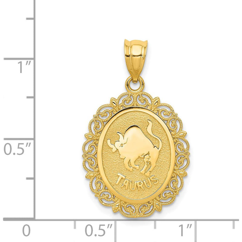 14K Yellow Gold Solid Satin Polished Taurus Zodiac Oval Pendant by Oro Pregiato