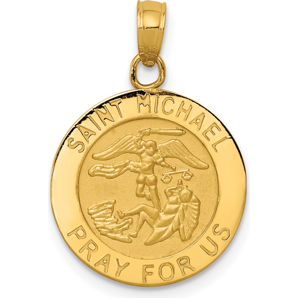 14K Yellow Gold Solid St. Michael Medal Round Pendant - Polished and Satin Finish by Oro Pregiato