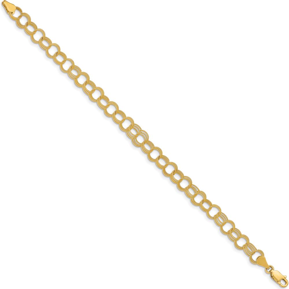 14K Yellow Gold Solid Textured Triple Link 8" Charm Bracelet by Oro Pregiato