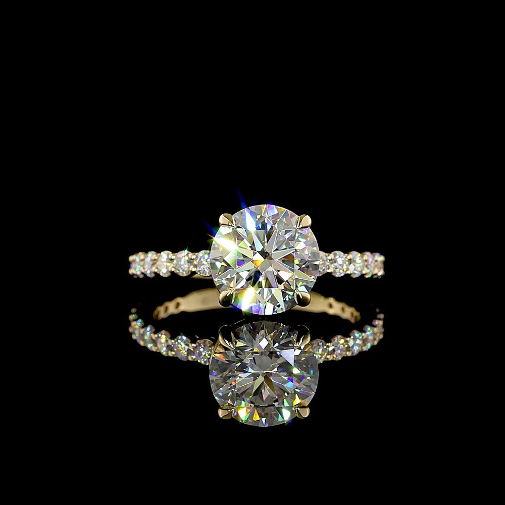 14K Yellow Gold Solitaire Diamond Shank Ring with 2.54 Carats Round Brilliant Center and 0.66 Carats Accent Lab Diamonds - 3.20 Carats Total Diamond Weight - Covaloro Fine Jewelry