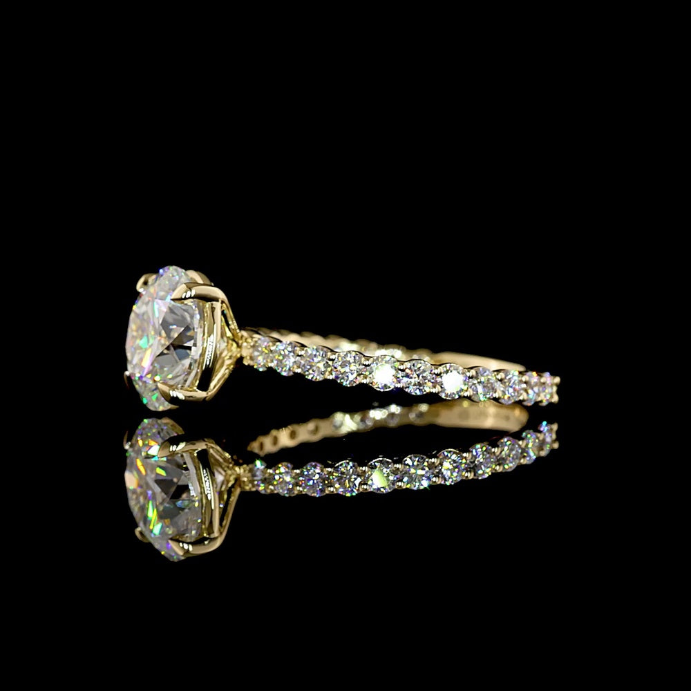 14K Yellow Gold Solitaire Diamond Shank Ring with 2.54 Carats Round Brilliant Center and 0.66 Carats Accent Lab Diamonds - 3.20 Carats Total Diamond Weight - Covaloro Fine Jewelry