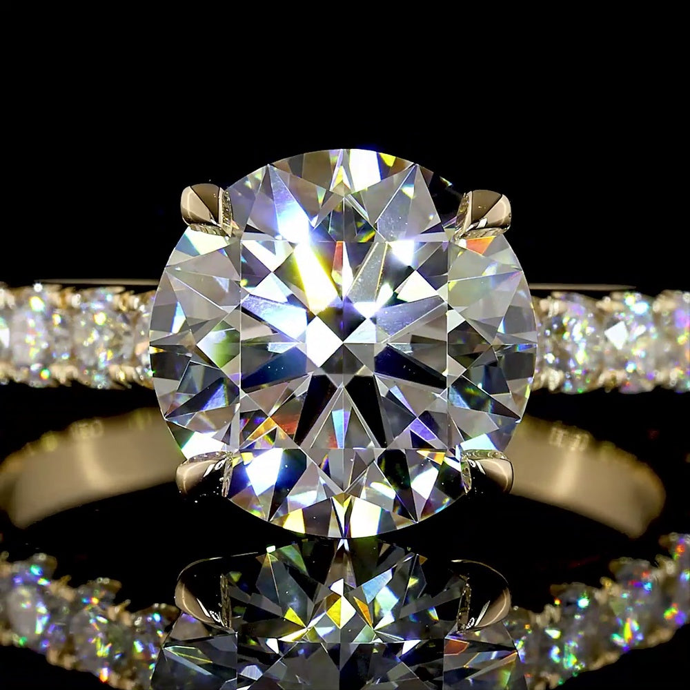 14K Yellow Gold Solitaire Diamond Shank Ring with 3.00 Carat Round Brilliant Lab Diamond Center and 1.02 Carat Accent Diamonds - 4.02 Total Carat Weight - Covaloro Fine Jewelry