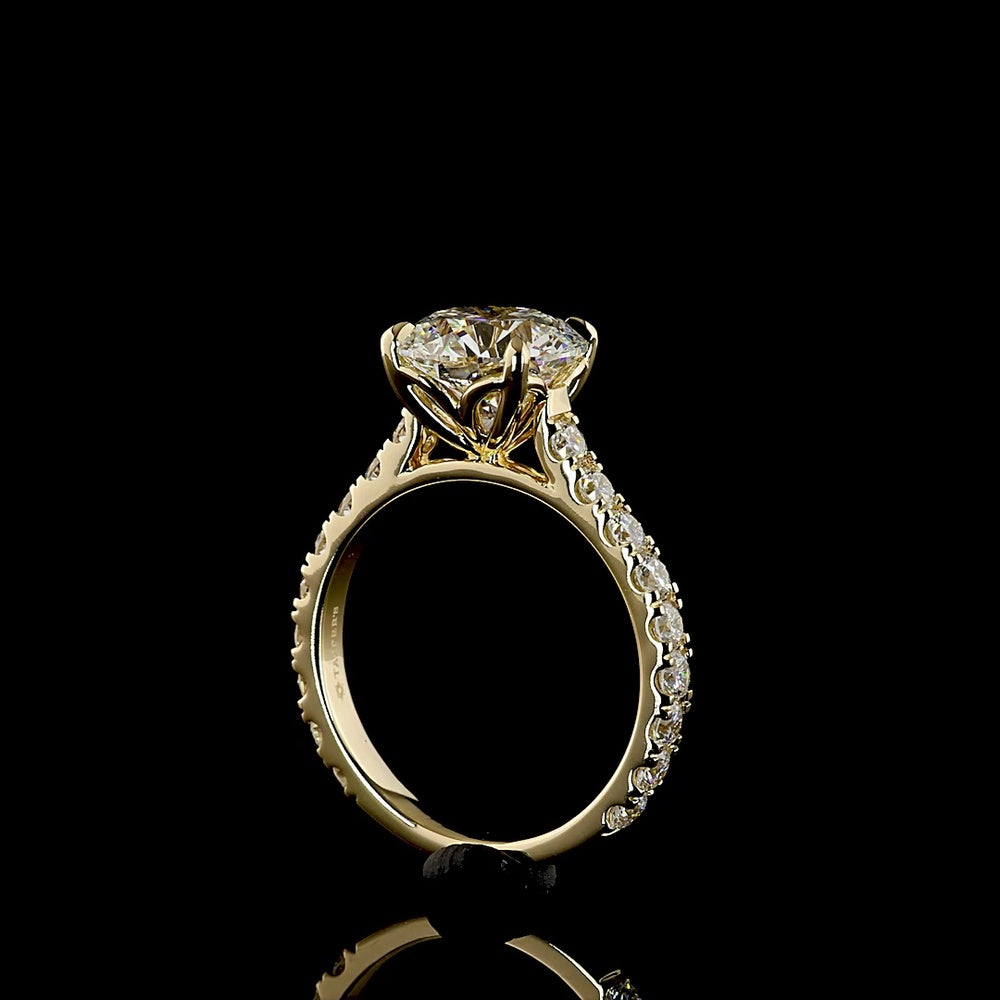 14K Yellow Gold Solitaire Diamond Shank Ring with 3.00 Carat Round Brilliant Lab Diamond Center and 1.02 Carat Accent Diamonds - 4.02 Total Carat Weight - Covaloro Fine Jewelry