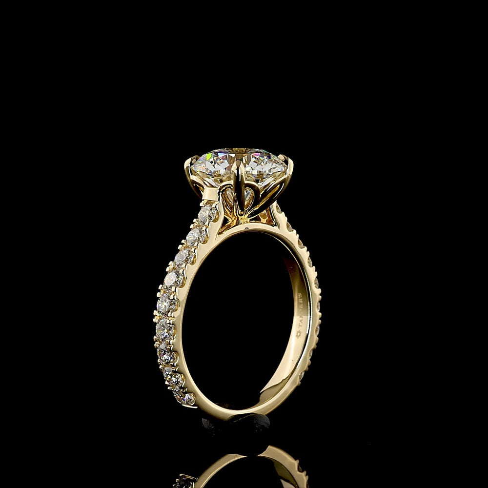 14K Yellow Gold Solitaire Diamond Shank Ring with 3.00 Carat Round Brilliant Lab Diamond Center and 1.02 Carat Accent Diamonds - 4.02 Total Carat Weight - Covaloro Fine Jewelry