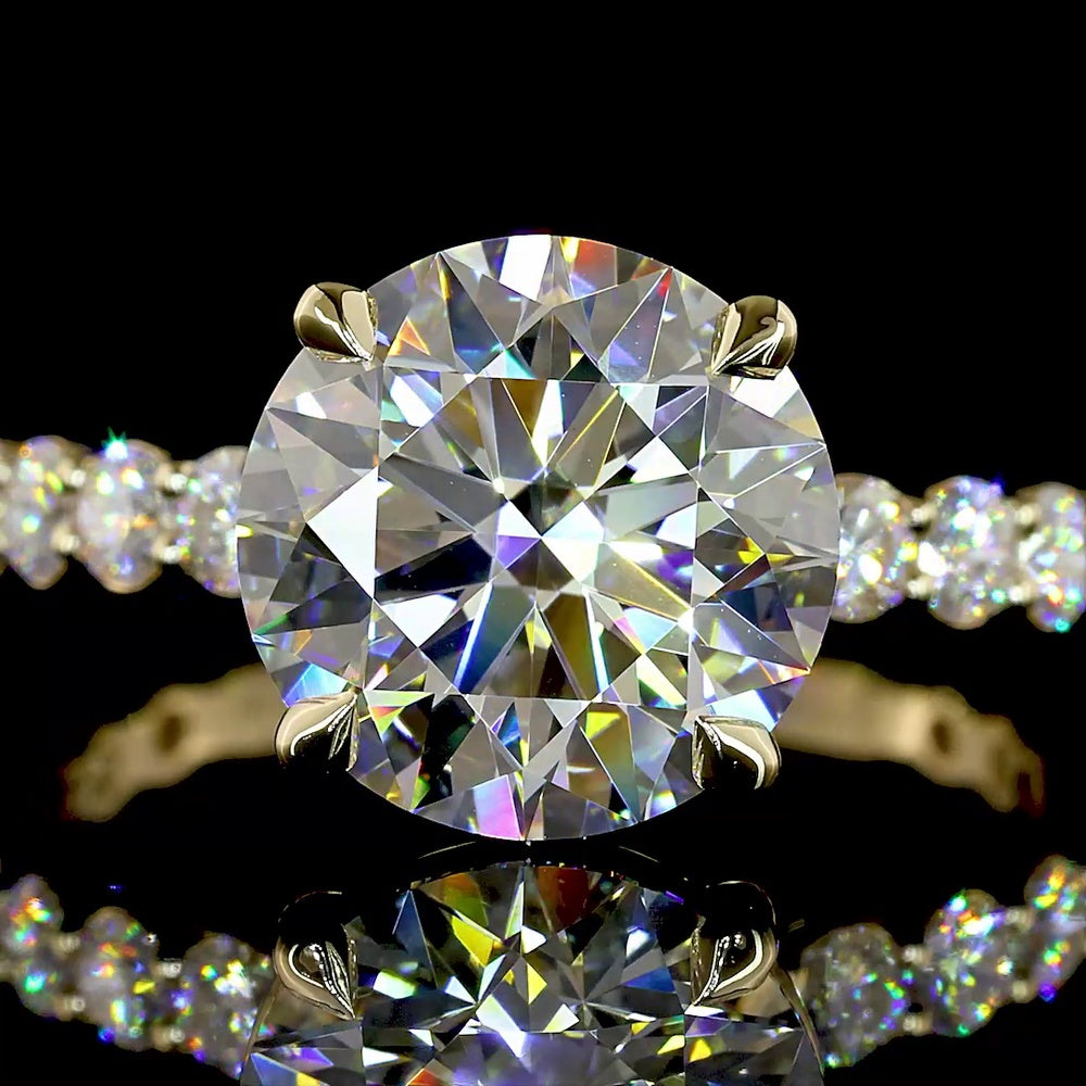 14K Yellow Gold Solitaire Diamond Shank Ring with 3.52 Carat Round Lab Diamond Center and 0.98 Carat Side Stones - 4.50 Carat Total Diamond Weight, IGI Certified F VVS2 - Covaloro Fine Jewelry