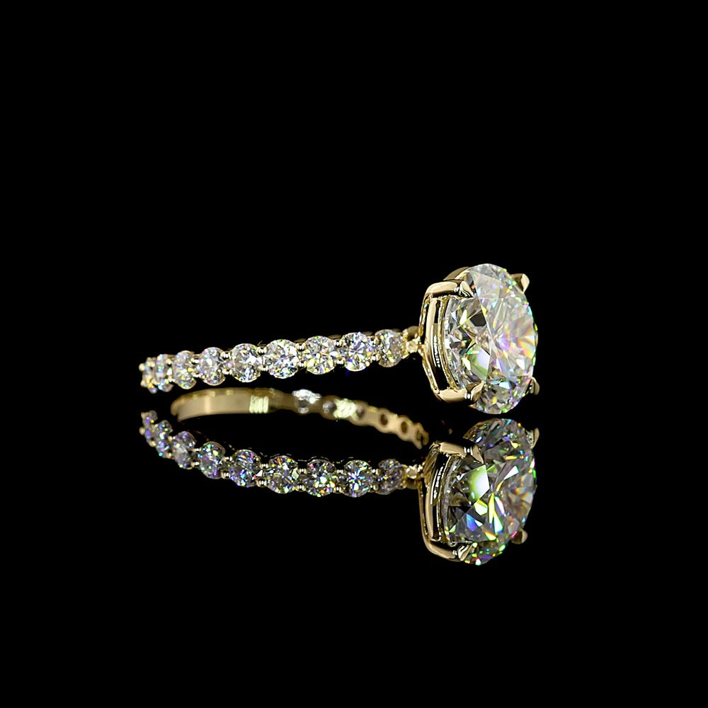 14K Yellow Gold Solitaire Diamond Shank Ring with 3.52 Carat Round Lab Diamond Center and 0.98 Carat Side Stones - 4.50 Carat Total Diamond Weight, IGI Certified F VVS2 - Covaloro Fine Jewelry