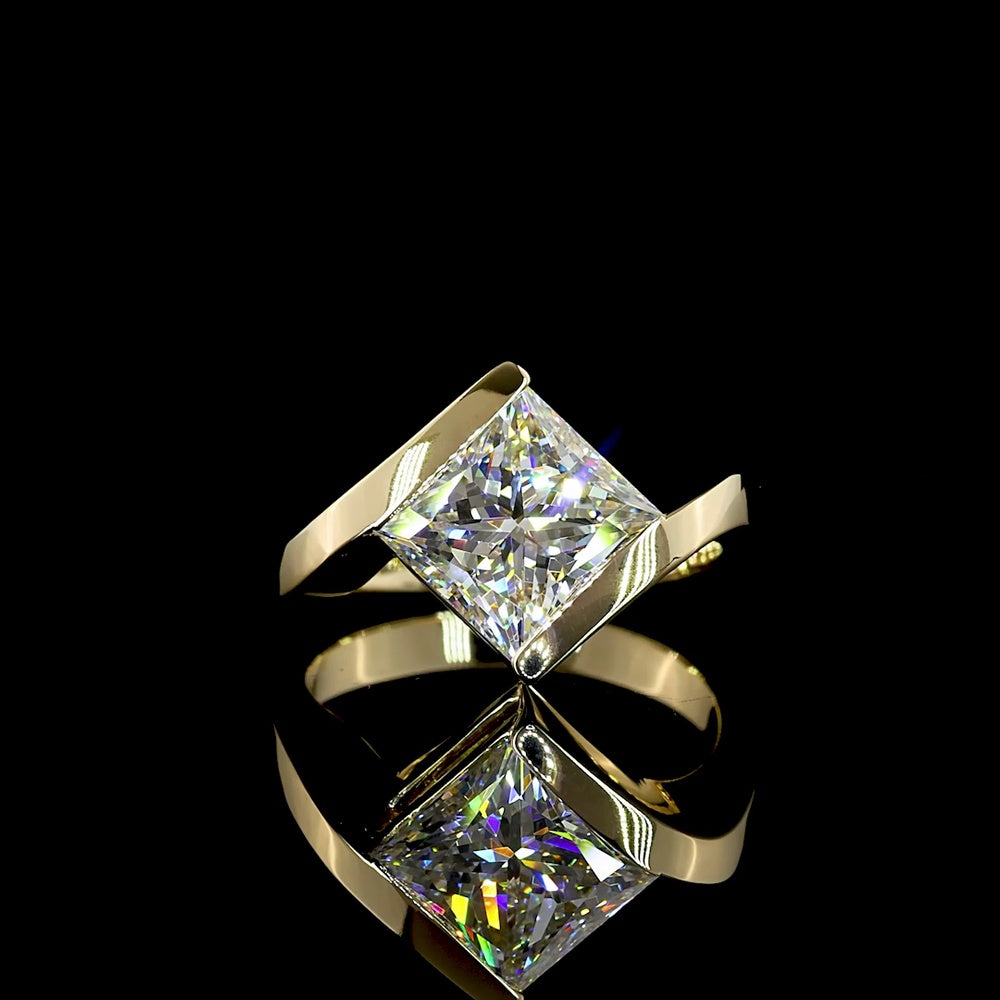 14K Yellow Gold Solitaire Ring with 3.60 Carat Princess Cut Lab Diamond in Half Bezel Setting - E-F Color VS1 Clarity - Covaloro Fine Jewelry
