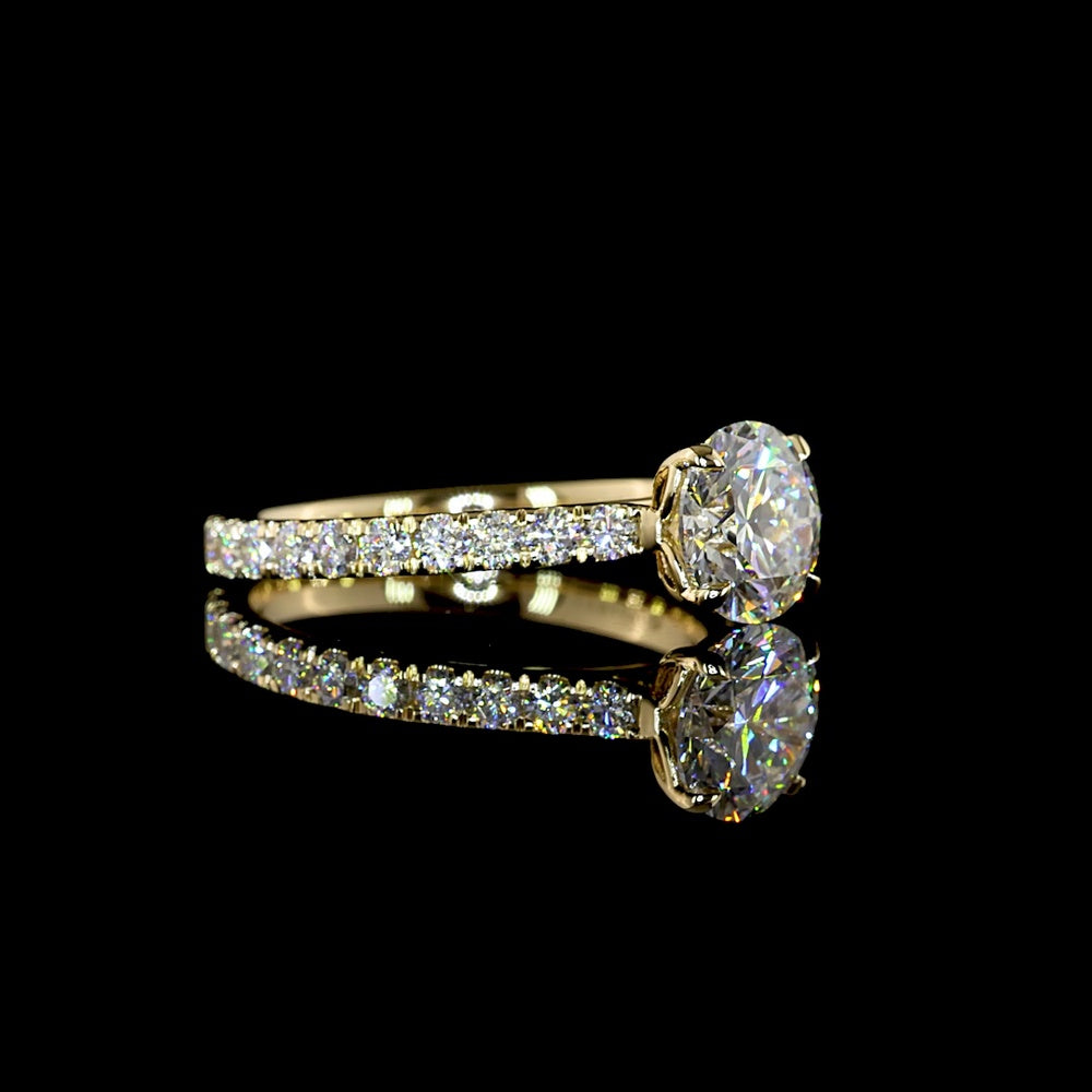 14K Yellow Gold Solitaire Shank Ring with 1.51 Carats Round Brilliant D VVS2 Center and 0.68 Carats Accent Lab Diamonds - Total 2.19 Carats IGI Certified - Covaloro Fine Jewelry