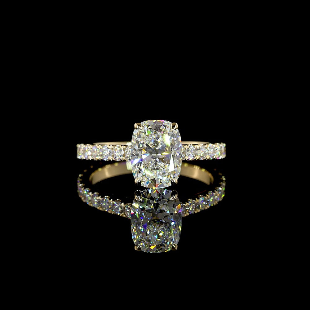 14K Yellow Gold Solitaire Shank Ring with 2.02 Carat Cushion Brilliant Cut D VVS2 Lab Diamond and 0.66 Carat Round Diamond Accents - 2.68 Total Carat Weight - Covaloro Fine Jewelry