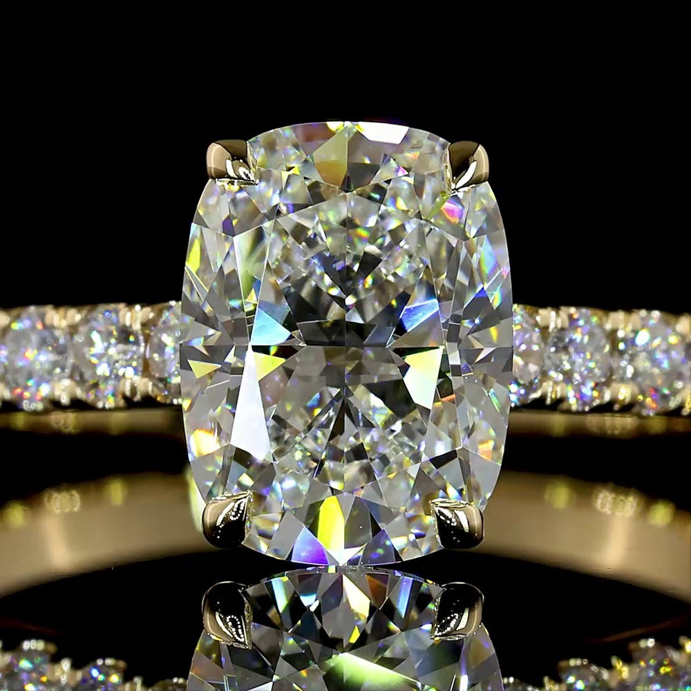 14K Yellow Gold Solitaire Shank Ring with 2.02 Carat Cushion Brilliant Cut D VVS2 Lab Diamond and 0.66 Carat Round Diamond Accents - 2.68 Total Carat Weight - Covaloro Fine Jewelry