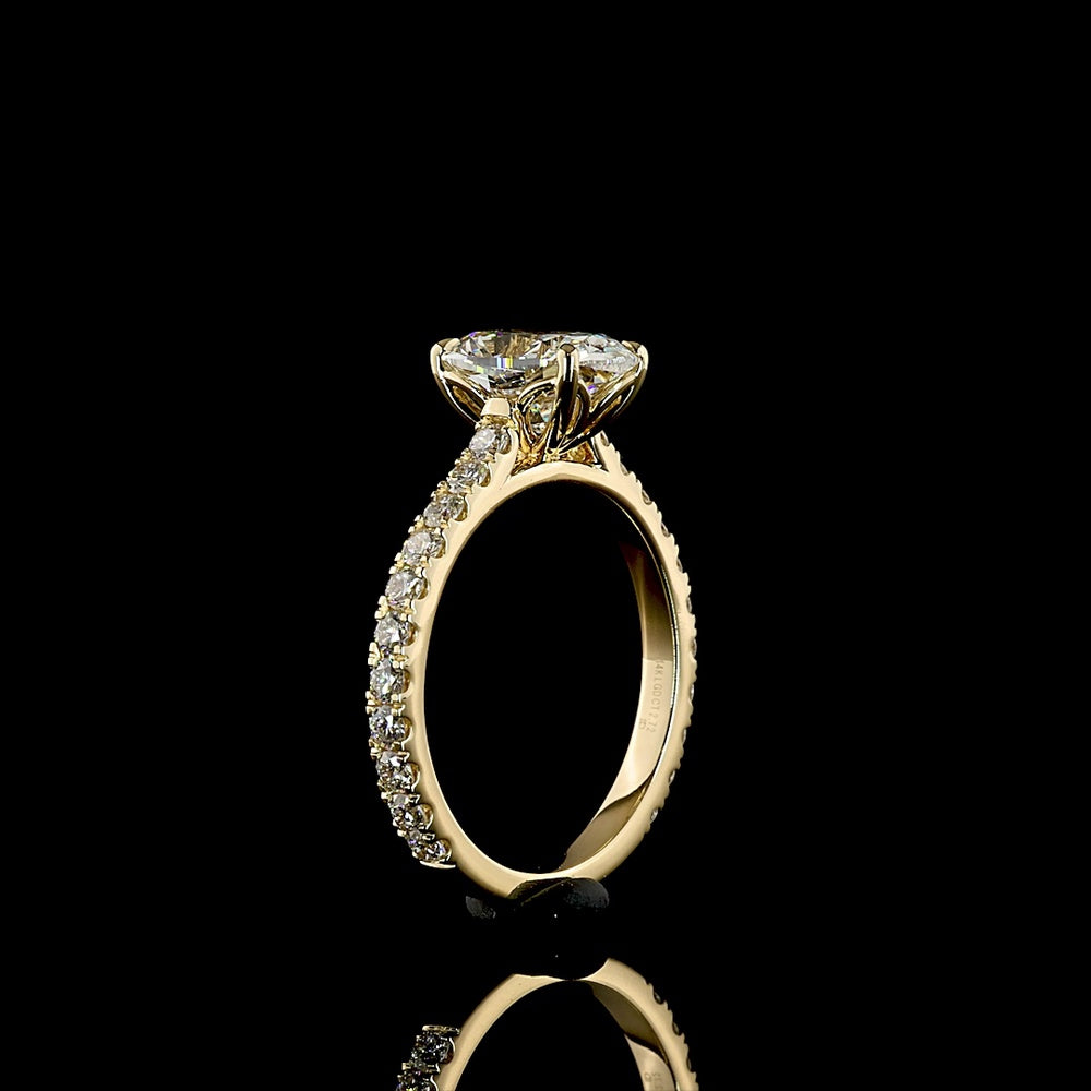 14K Yellow Gold Solitaire Shank Ring with 2.02 Carat Cushion Brilliant Cut D VVS2 Lab Diamond and 0.66 Carat Round Diamond Accents - 2.68 Total Carat Weight - Covaloro Fine Jewelry