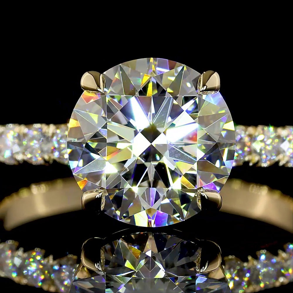 14K Yellow Gold Solitaire Shank Ring with 2.52 Carat Round Lab D VVS2 Diamond and 0.42 Carat Accent Diamonds - 2.94 Carat Total Weight - Covaloro Fine Jewelry