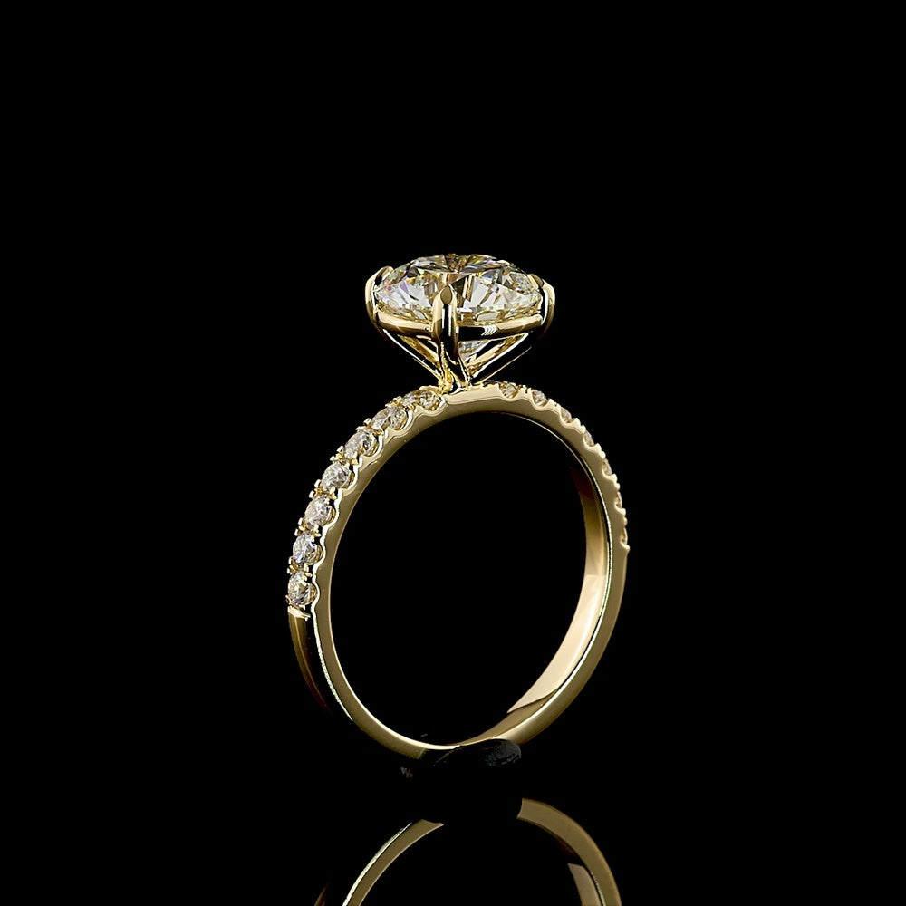 14K Yellow Gold Solitaire Shank Ring with 2.52 Carat Round Lab D VVS2 Diamond and 0.42 Carat Accent Diamonds - 2.94 Carat Total Weight - Covaloro Fine Jewelry