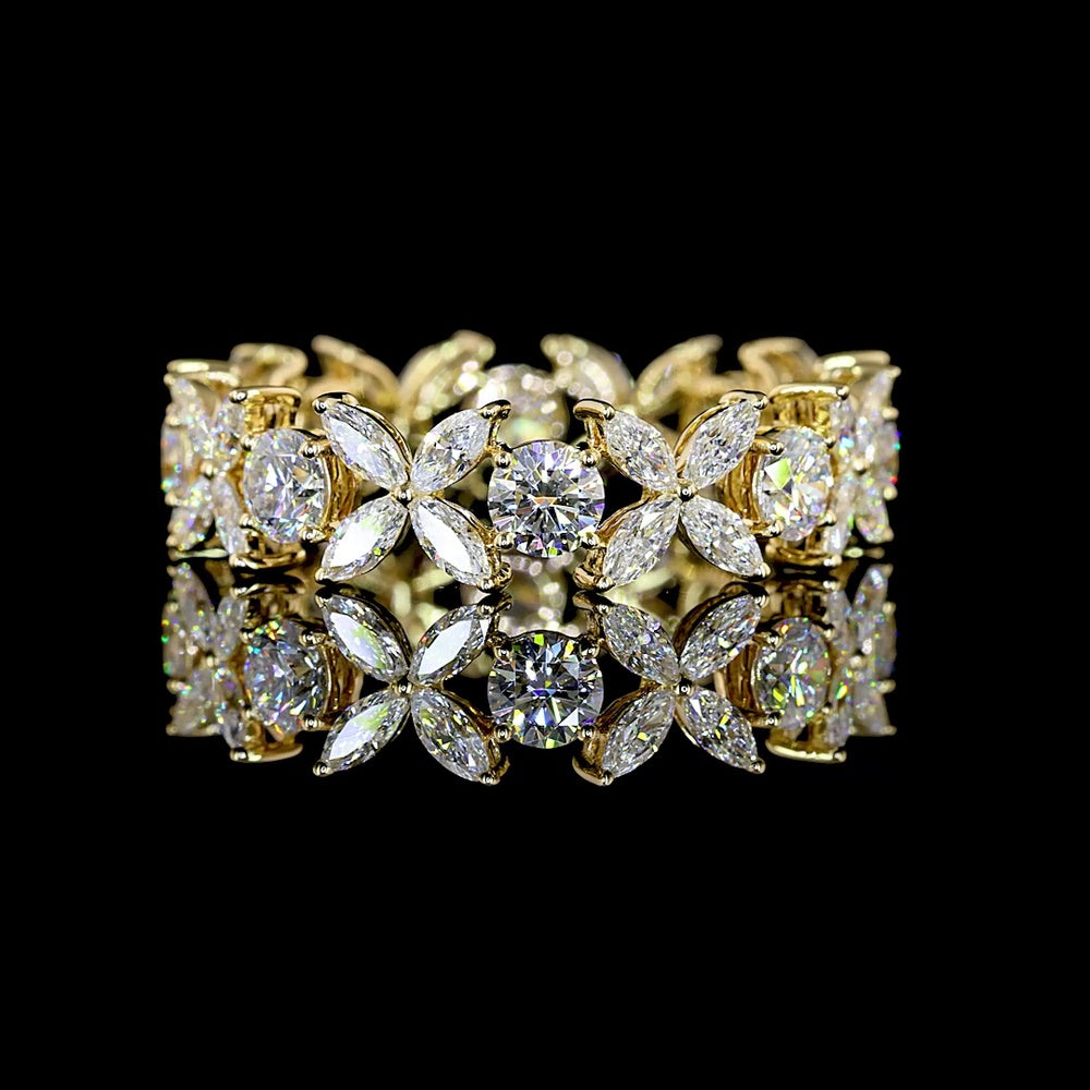 14K Yellow Gold Special Eternity Band with Floral Motif - 8 Round and 32 Marquise Cut Lab Diamonds - 2.35 Total Carat Weight - Covaloro Fine Jewelry