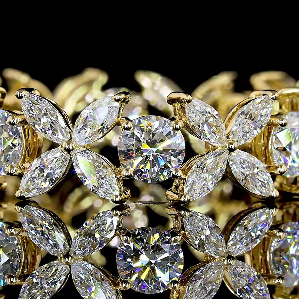 14K Yellow Gold Special Eternity Band with Floral Motif - 8 Round and 32 Marquise Cut Lab Diamonds - 2.35 Total Carat Weight - Covaloro Fine Jewelry