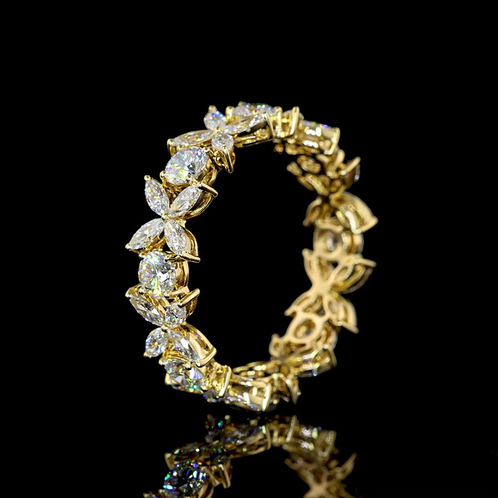14K Yellow Gold Special Eternity Band with Floral Motif - 8 Round and 32 Marquise Cut Lab Diamonds - 2.35 Total Carat Weight - Covaloro Fine Jewelry