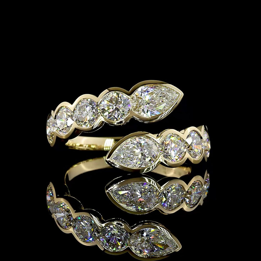 14K Yellow Gold Special Inclined Ring with Pear and Round Lab Diamonds - 2.82 Carats Total Diamond Weight - Covaloro Fine Jewelry