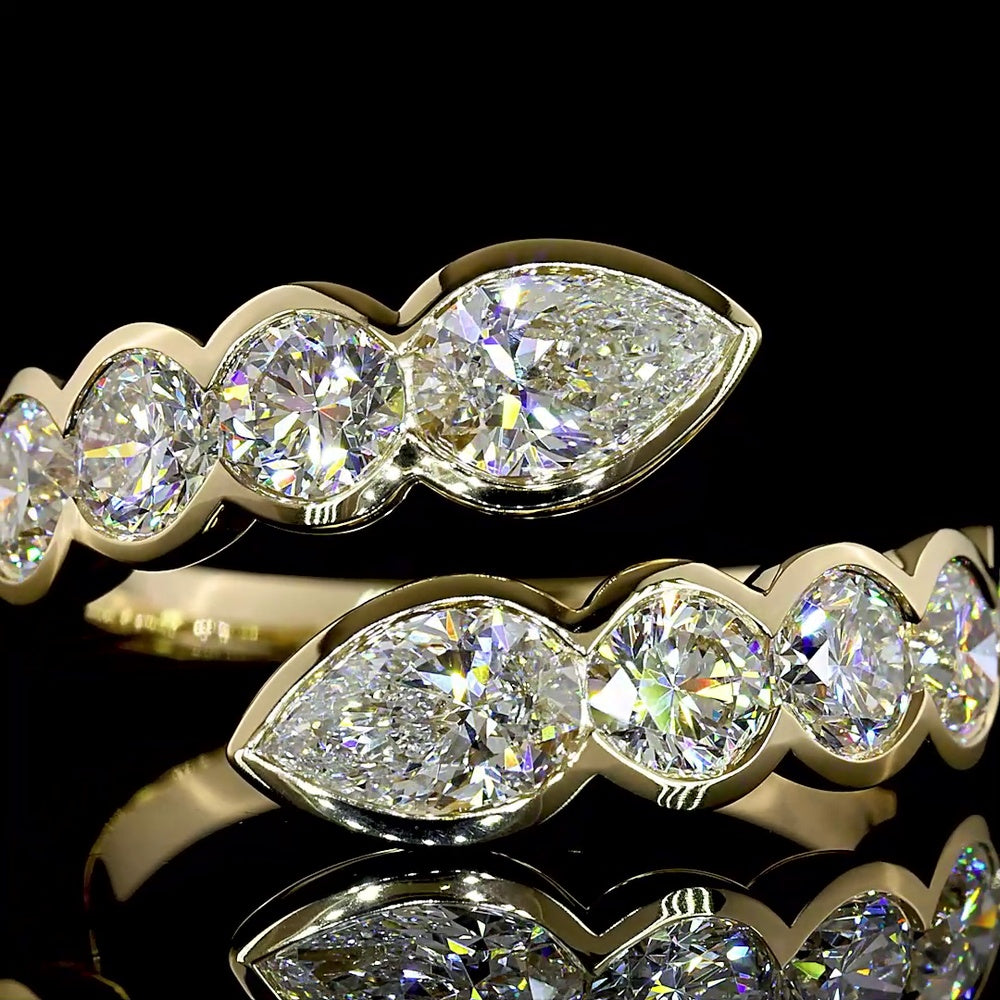 14K Yellow Gold Special Inclined Ring with Pear and Round Lab Diamonds - 2.82 Carats Total Diamond Weight - Covaloro Fine Jewelry