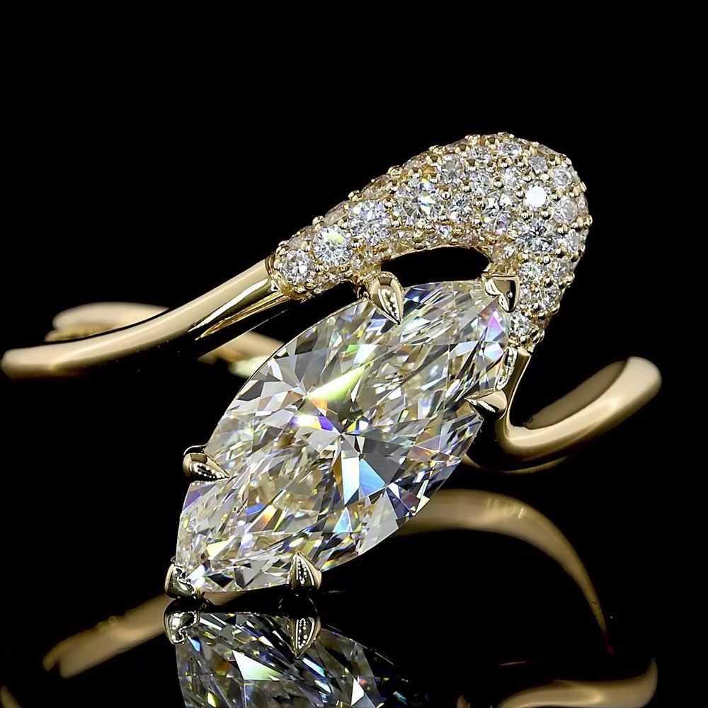 14K Yellow Gold Special Ring with 1.81 Carat F VVS2 Marquise Lab Diamond and 0.40 Carat Brilliant Round Accent Lab Diamonds - 2.21 Carat Total Diamond Weight - Covaloro Fine Jewelry