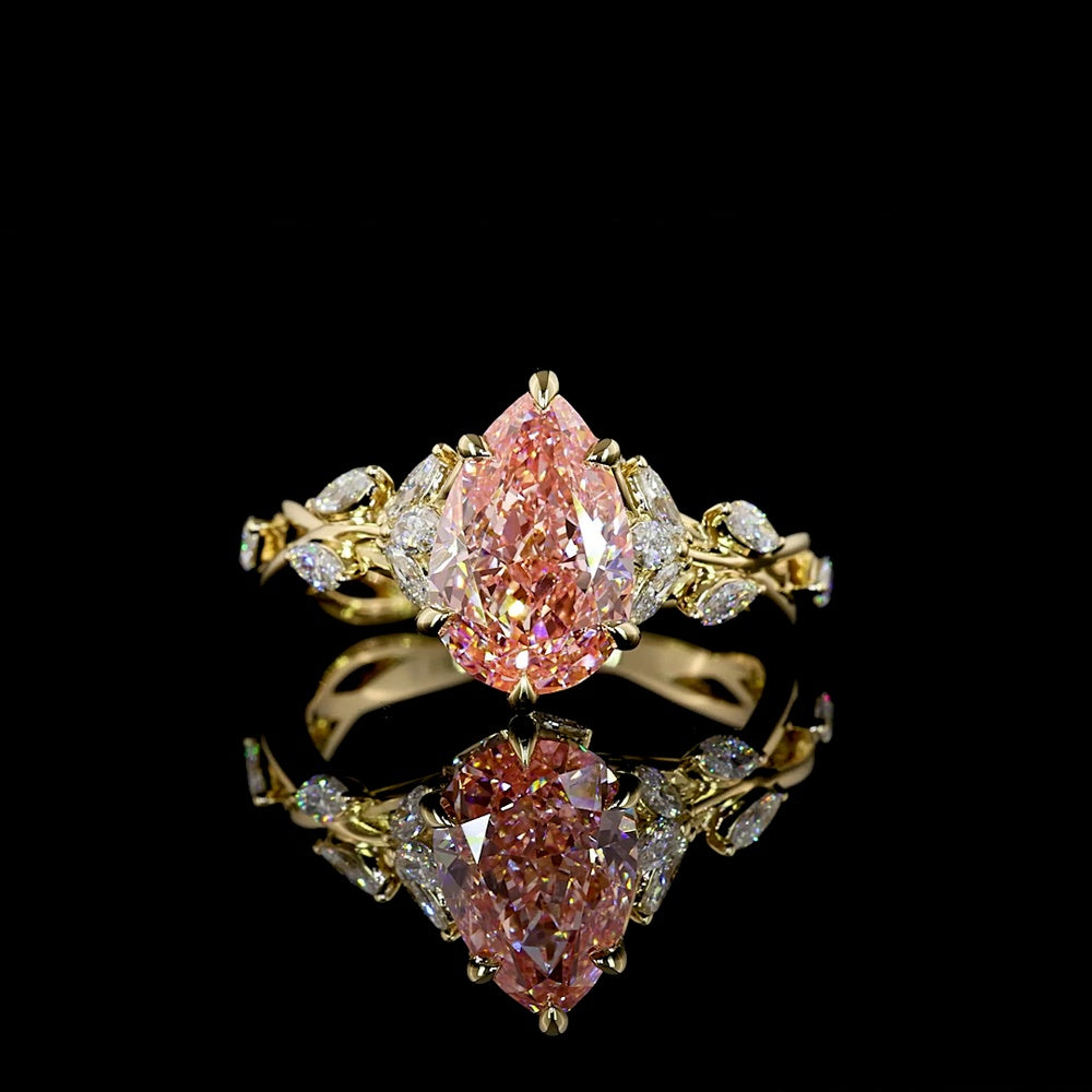 14K Yellow Gold Special Ring with 2.53 Carat Pear Shape Fancy Vivid Pink Lab Diamond and Marquise Cut Accent Diamonds - 3.10 Carat Total Diamond Weight - Covaloro Fine Jewelry