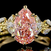 14K Yellow Gold Special Ring with 2.53 Carat Pear Shape Fancy Vivid Pink Lab Diamond and Marquise Cut Accent Diamonds - 3.10 Carat Total Diamond Weight - Covaloro Fine Jewelry