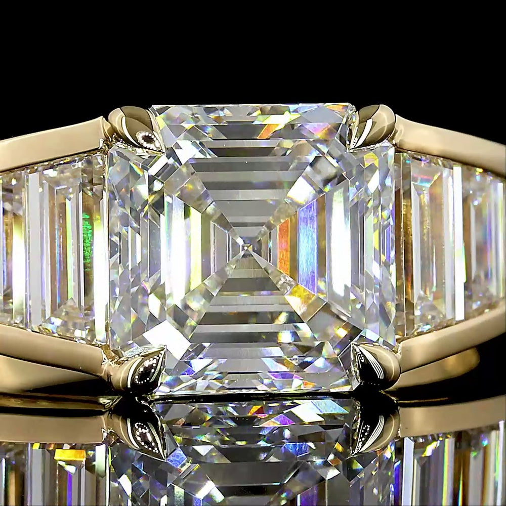 14K Yellow Gold Special Ring with 3.03 Carat Asscher Cut Lab Diamond and Trapezoid and Baguette Diamonds - 4.92 Carat Total Diamond Weight - Covaloro Fine Jewelry