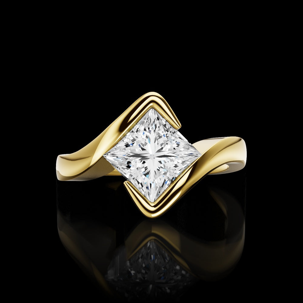 14K Yellow Gold Special Ring with Half Bezel Set Princess Cut Lab Diamond - 1.35 Carat Total Weight, E-F Color, VVS2 Clarity, GIA Certified - Covaloro Fine Jewelry