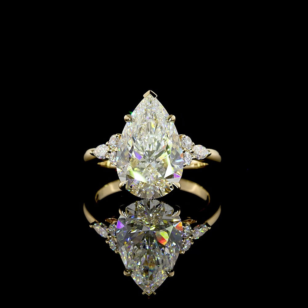 14K Yellow Gold Special Ring with North-South Pear Shape Lab Diamond and Marquise & Round Accents - 4.76 Carats Total Diamond Weight - Covaloro Fine Jewelry