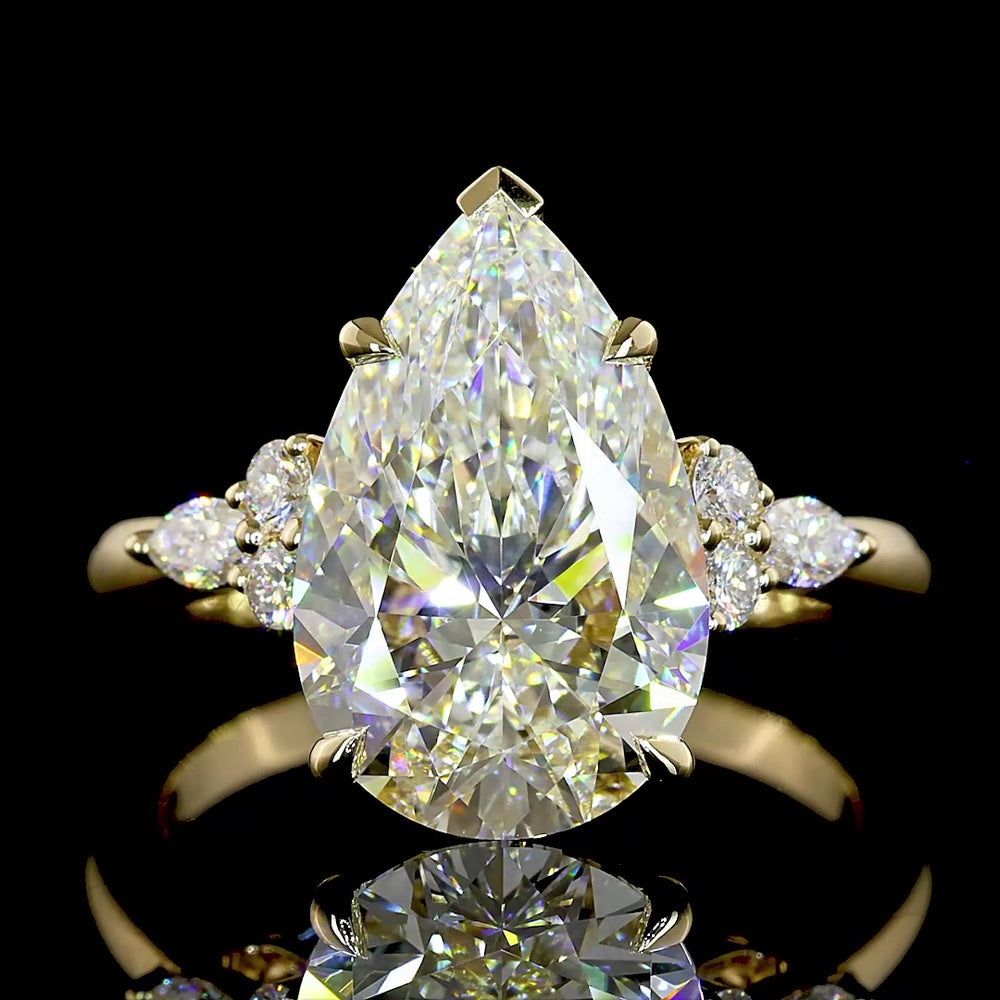 14K Yellow Gold Special Ring with North-South Pear Shape Lab Diamond and Marquise & Round Accents - 4.76 Carats Total Diamond Weight - Covaloro Fine Jewelry