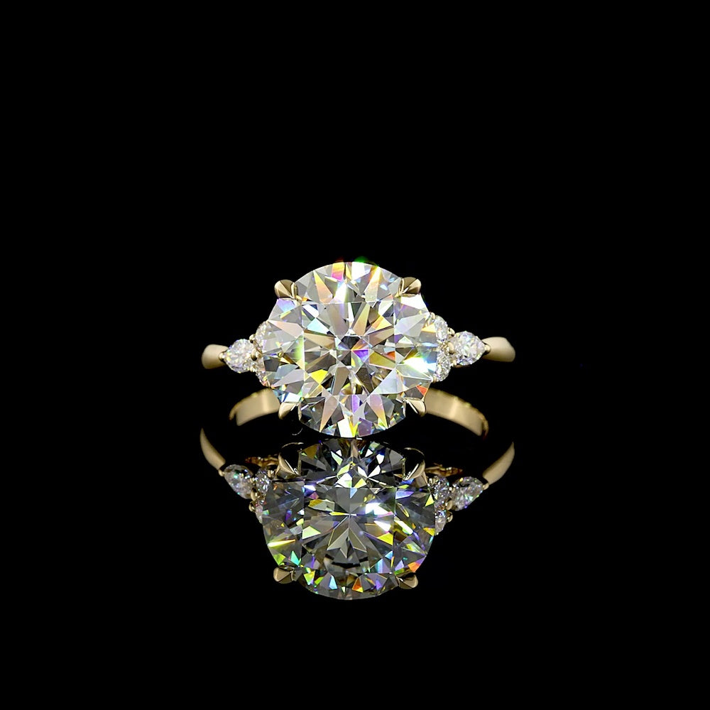 14K Yellow Gold Special Round Ring with 4.53 Carats Brilliant Cut Lab Diamond and Marquise Accent Diamonds - 4.78 Carats Total Diamond Weight - Covaloro Fine Jewelry